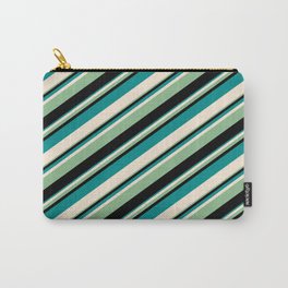 [ Thumbnail: Dark Cyan, Beige, Dark Sea Green, and Black Colored Lines/Stripes Pattern Carry-All Pouch ]