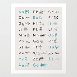 Swedish alphabet animals teal Art Print