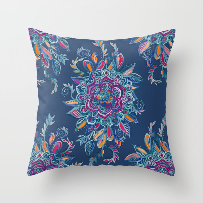 Deep Summer - Watercolor Floral Medallion Throw Pillow