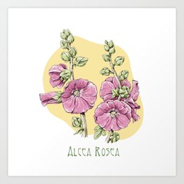 Scarlet Hollyhocks Blooming - Digital Floral Artwork Art Print