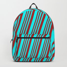 [ Thumbnail: Red & Cyan Colored Stripes Pattern Backpack ]