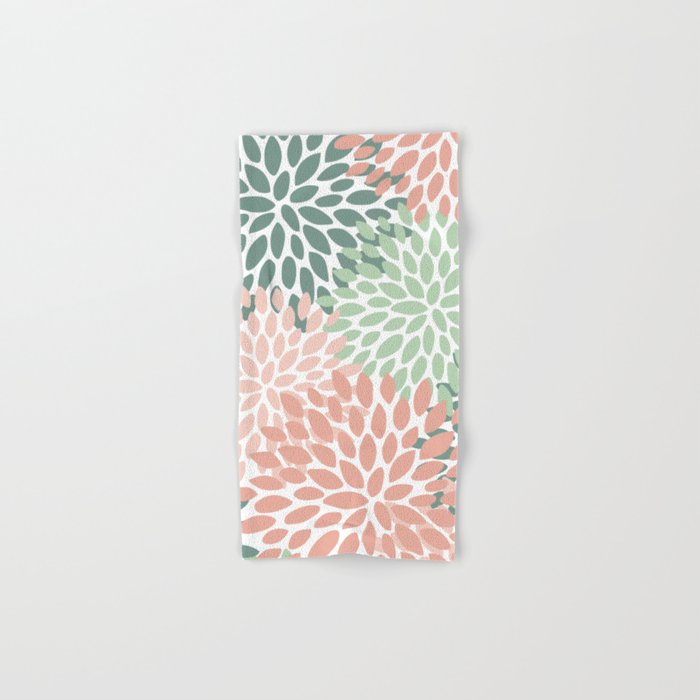 Festive, Abstract Floral Prints, Coral and Green Hand & Bath Towel