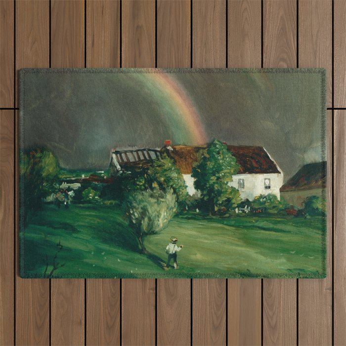 The Rainbow pastoral countryside landscape painting rainbow over country cottage by Robert Cozad Henri Outdoor Rug