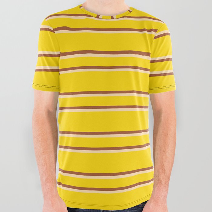 Yellow, Sienna & Tan Colored Lines/Stripes Pattern All Over Graphic Tee