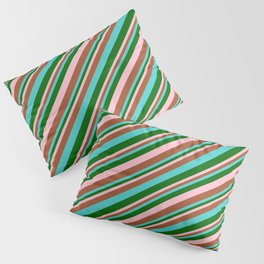 [ Thumbnail: Turquoise, Dark Green, Pink, and Sienna Colored Lines Pattern Pillow Sham ]