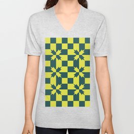 Flowers on Checkered Pattern in Green & Yellow V Neck T Shirt