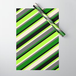 [ Thumbnail: Colorful Light Green, Beige, Dim Grey, Green, and Black Colored Lines/Stripes Pattern Wrapping Paper ]
