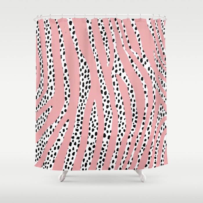 Dalmatian Polka Dot Spots and Zebra Stripes (black/white/pink) Shower Curtain