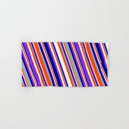 [ Thumbnail: Eyecatching Blue, Dark Grey, Red, White, and Purple Colored Stripes/Lines Pattern Hand & Bath Towel ]