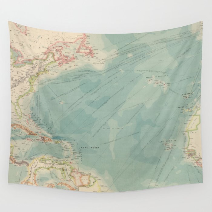 Vintage Atlantic Ocean Travel Routes and Timeline Map (1912) Wall Tapestry by BravuraMedia 