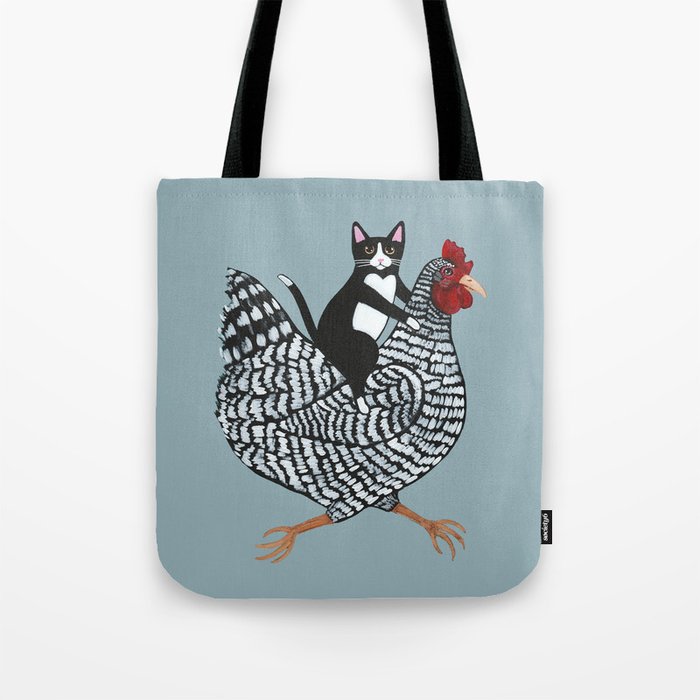 Tuxedo Cat Riding a Chicken Tote Bag