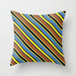 [ Thumbnail: Sienna, Yellow, Blue, and Black Colored Lines/Stripes Pattern Throw Pillow ]