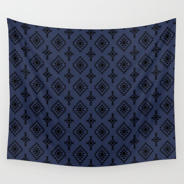 Navy Blue and Black Native American Tribal Pattern Wall Tapestry