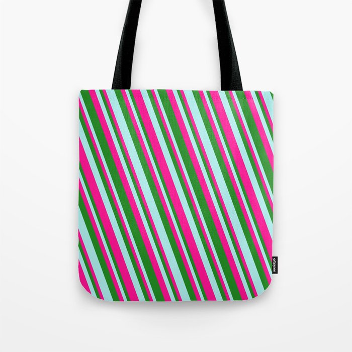 Turquoise, Deep Pink, and Forest Green Colored Pattern of Stripes Tote Bag