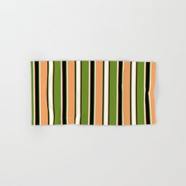 [ Thumbnail: Brown, White, Green, and Black Colored Striped/Lined Pattern Hand & Bath Towel ]