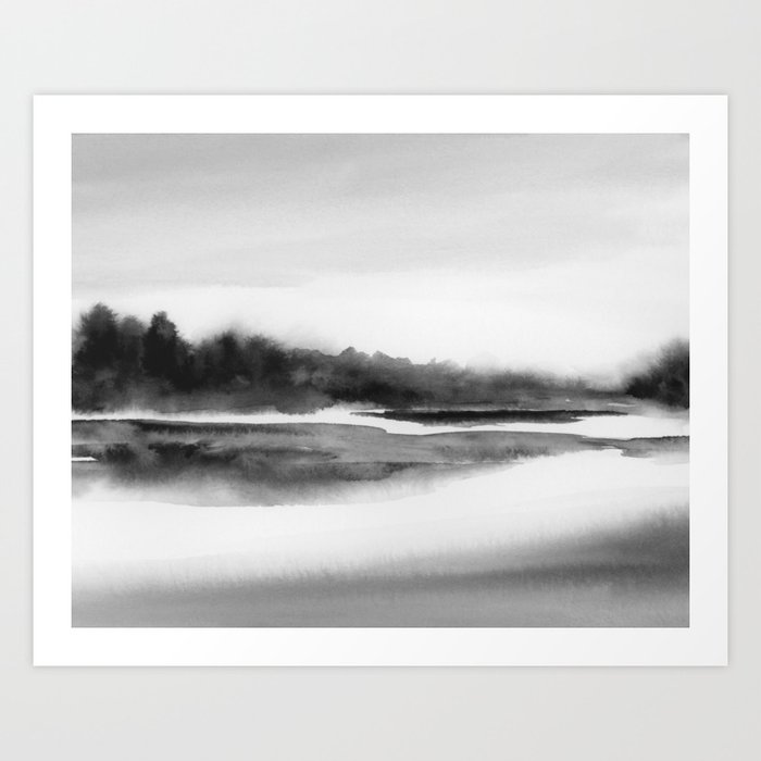 Rivers Tide I - Black and White Riverscape Tree Reflection Watercolor Painting Art Print