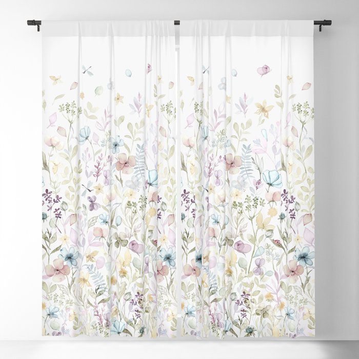 Ombre Border Spring Floral Meadow Blackout Curtain