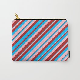 [ Thumbnail: Deep Sky Blue, Pink, and Red Colored Lined/Striped Pattern Carry-All Pouch ]
