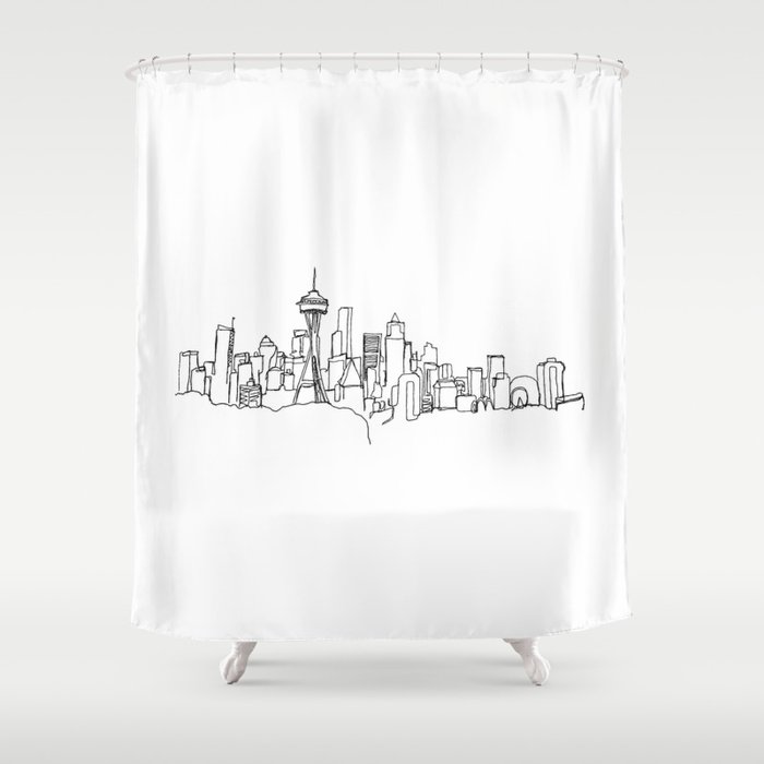 Seattle Skyline Drawing Shower Curtain, Sketch Shower Curtain Drawing