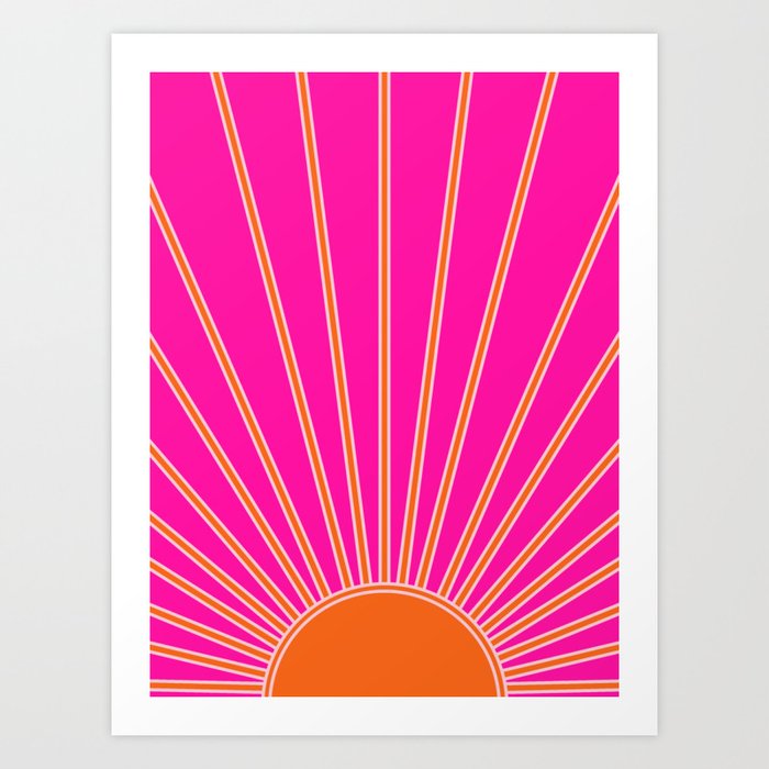 Sun Print Sunrise Hot Pink And Orange Sunshine Retro Sun Wall Art Vintage Boho Abstract Modern Decor Art Print