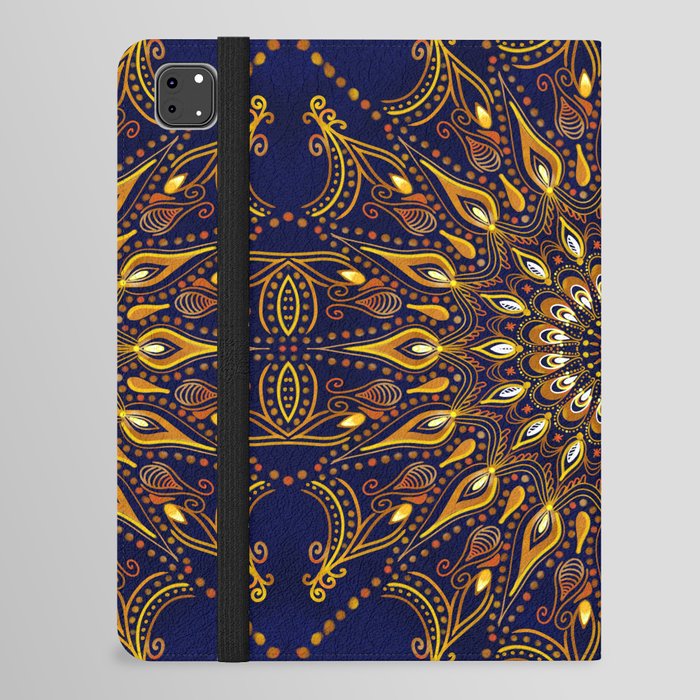 Flaming Gold Mandala on Dark Blue iPad Folio Case