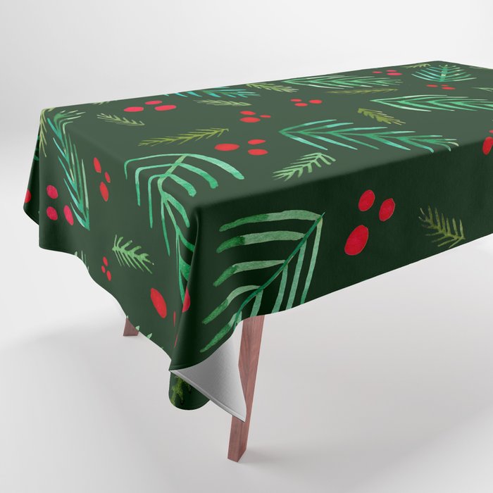 Christmas tree branches and berries - green Tablecloth