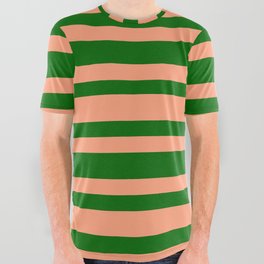 [ Thumbnail: Dark Green & Light Salmon Colored Striped/Lined Pattern All Over Graphic Tee ]