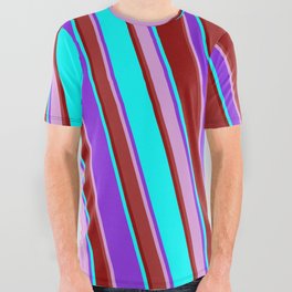 [ Thumbnail: Purple, Plum, Brown, Dark Red & Cyan Colored Lines/Stripes Pattern All Over Graphic Tee ]