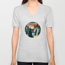 Amber Fox V Neck T Shirt | Dusk, Teal, Forest, Yellow, Green, Mammal, Digital, Nature, Sun, Fox 