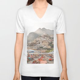 Positano Beach Umbrellas Photo | Amalfi Coast Village In Italy Art Print | Europe Summer Travel Photography V Neck T Shirt