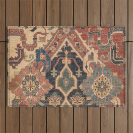 Geometric Leaves I // 18th Century Distressed Red Blue Green Colorful Ornate Accent Rug Pattern Outdoor Rug