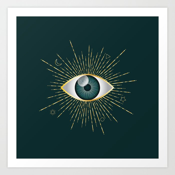 Gold and Teal Green Evil Eye on Dark Teal Background Art Print
