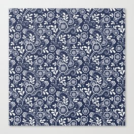 Navy Blue And White Eastern Floral Pattern Canvas Print