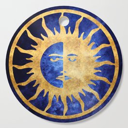 Golden Sun and Moon Symbol on Blue Background Cutting Board