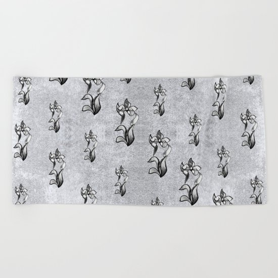 Abstract black white shine neon flowers on silver Beach Towel