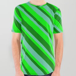 [ Thumbnail: Green, Aquamarine & Lime Colored Striped Pattern All Over Graphic Tee ]