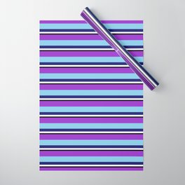 [ Thumbnail: Vibrant Dark Orchid, Sky Blue, Midnight Blue, White & Black Colored Pattern of Stripes Wrapping Paper ]