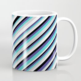 [ Thumbnail: Eyecatching Turquoise, Light Grey, White, Black & Dark Slate Blue Colored Stripes Pattern Coffee Mug ]