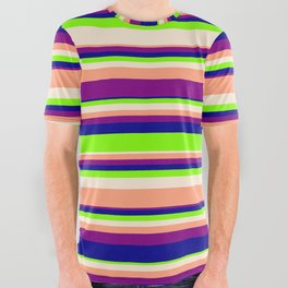 [ Thumbnail: Vibrant Chartreuse, Beige, Light Salmon, Purple & Dark Blue Colored Lines/Stripes Pattern All Over Graphic Tee ]