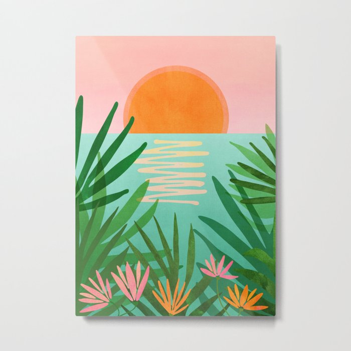 Tropical Views - Pink and Green Landscape Illustration Metal Print