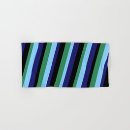 [ Thumbnail: Midnight Blue, Black, Sea Green & Light Sky Blue Colored Stripes Pattern Hand & Bath Towel ]