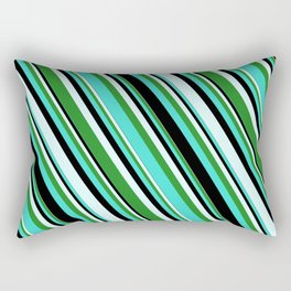 [ Thumbnail: Turquoise, Black, Light Cyan, and Forest Green Colored Stripes Pattern Rectangular Pillow ]