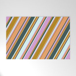 [ Thumbnail: Vibrant Dark Goldenrod, Brown, Dark Slate Gray, Light Cyan, and Plum Colored Lined Pattern Welcome Mat ]