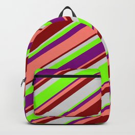 [ Thumbnail: Light Grey, Green, Purple, Salmon, and Dark Red Colored Striped Pattern Backpack ]