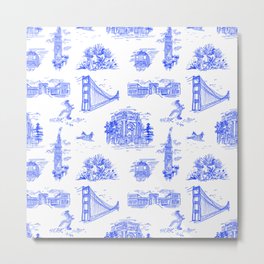 San Francisco Toile Repeat Pattern in Midsummer Sky Blue on White Metal Print