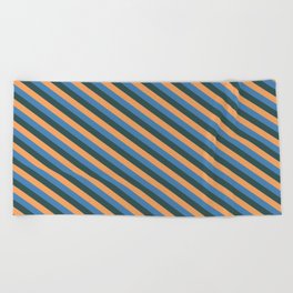[ Thumbnail: Blue, Dark Slate Gray, and Brown Colored Lined Pattern Beach Towel ]