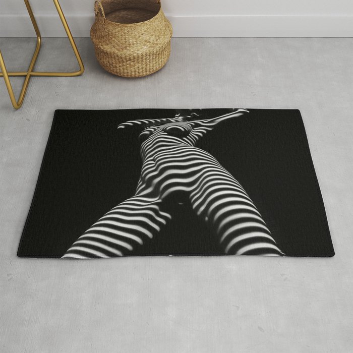 7068s-KMA Black White Nude Abstract Woman on Her Knees Zebra Styriped Rug