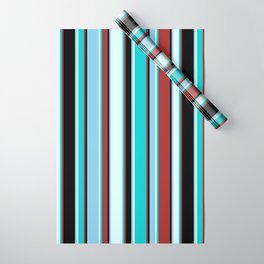 [ Thumbnail: Brown, Dark Turquoise, Light Cyan, Sky Blue, and Black Colored Lines/Stripes Pattern Wrapping Paper ]