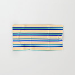 [ Thumbnail: Tan, Light Sea Green & Blue Colored Striped Pattern Hand & Bath Towel ]
