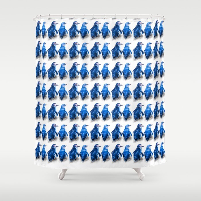 We care a lot. Couple of blue little penguins. Shower Curtain